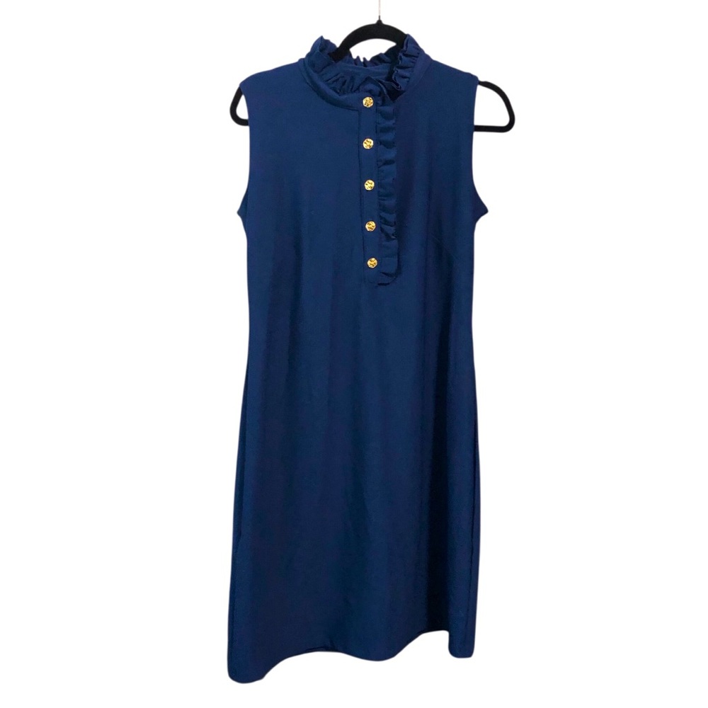 Katherine Way NEW Ruffle Button Collar Campeche Dress in Navy Blue